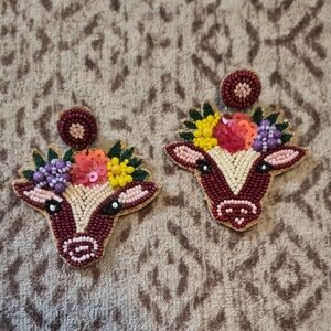 Colorful Beaded Cow And Flower Earrings